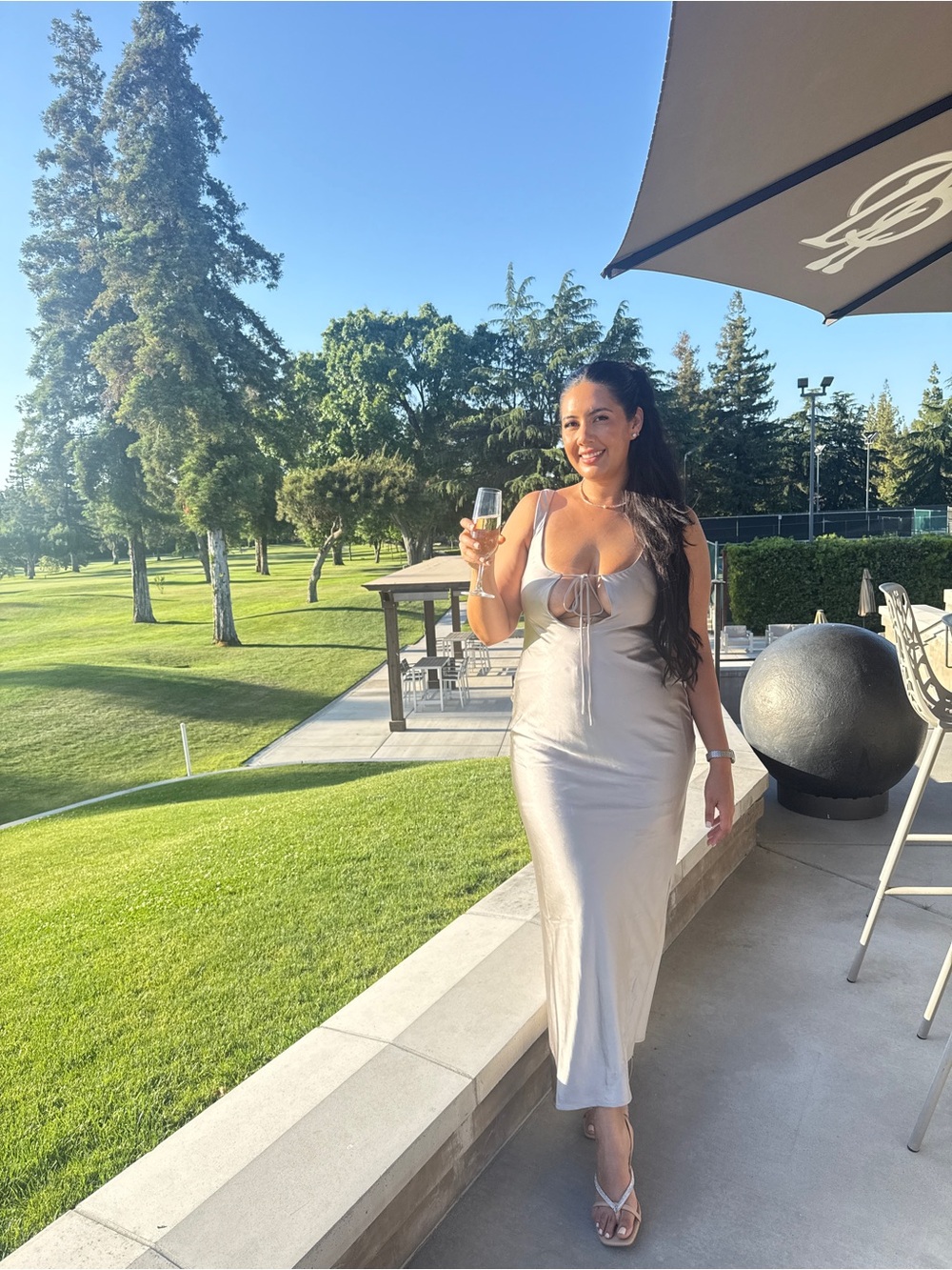Meshki Silver Champagne Satin Maxi Dress with Front Tie